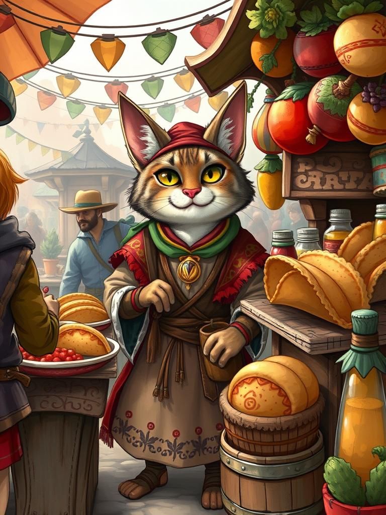 Cat Folk Merchant Selling Tacos in Fantasy Marketplace