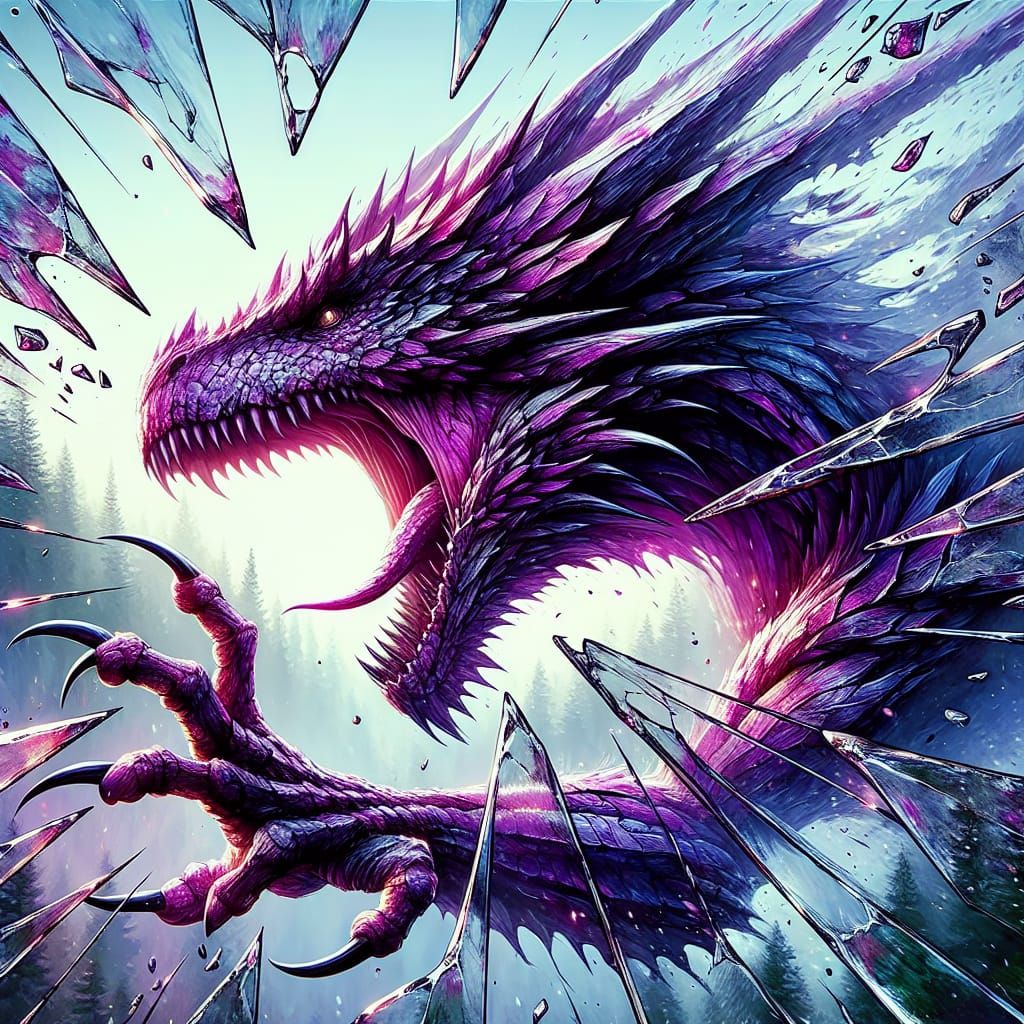 Majestic Purple Dragon Attacks Through Glass: Hyperrealistic...