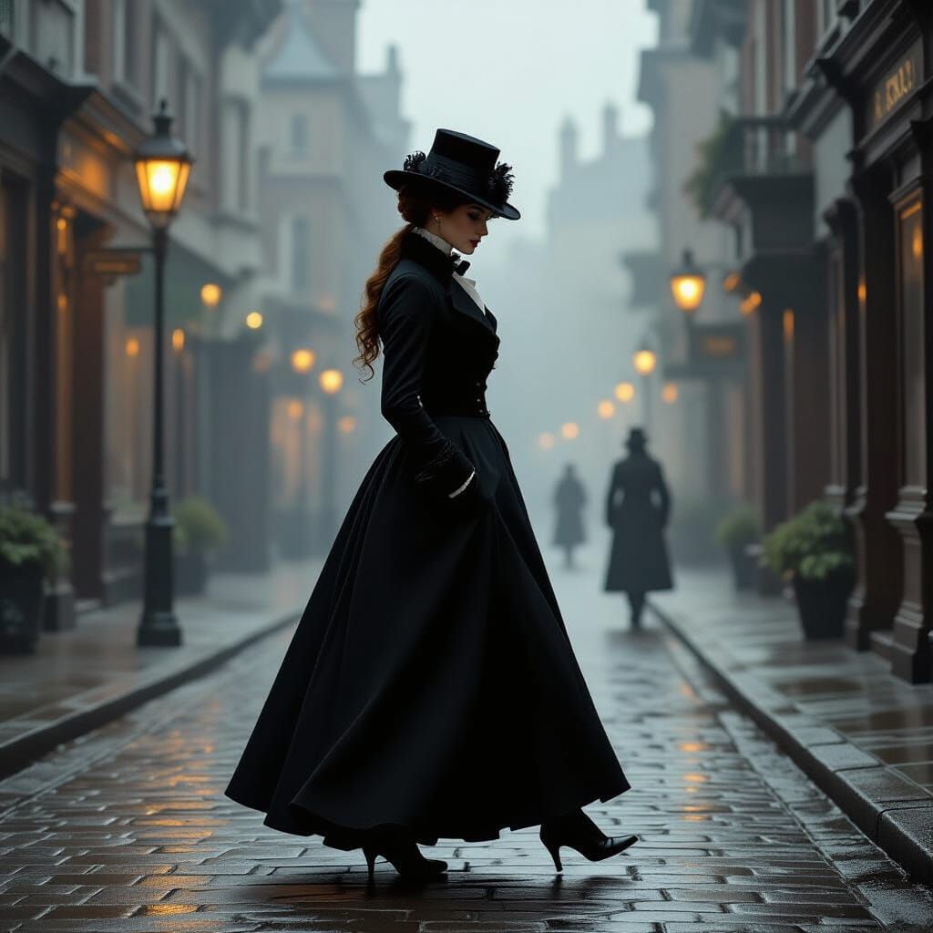 Victorian Woman on Misty Gaslit Street
