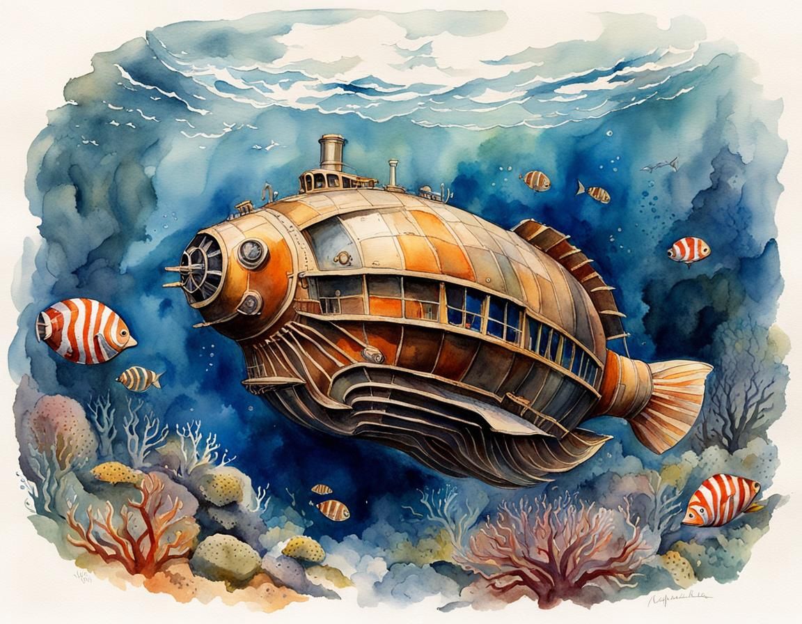 Nautilus Submarine Gouache Painting Under the Sea