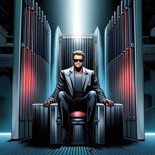 Terminator Ascends Cray-1 Throne in Comic Book Art