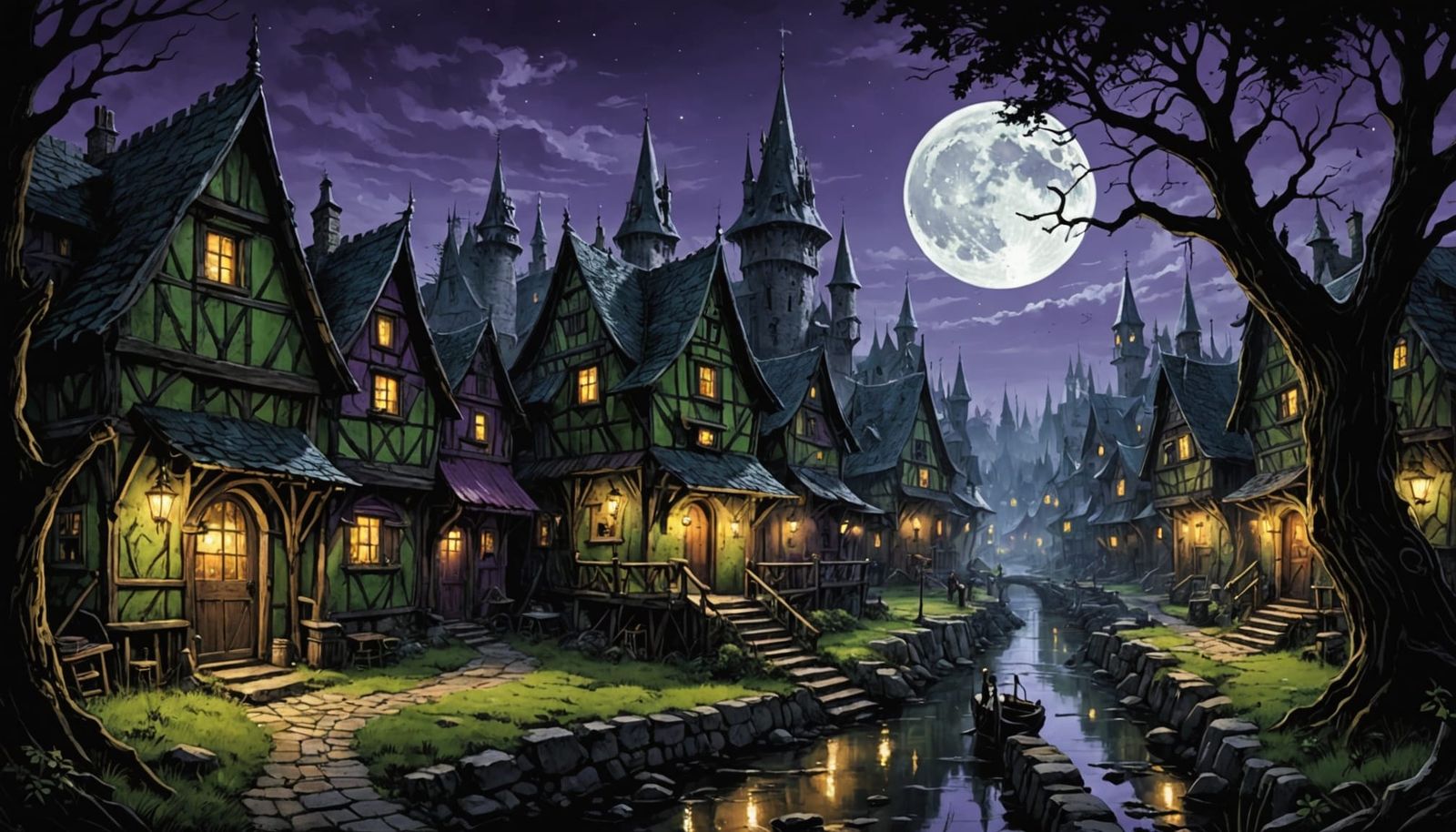 Surrealistic Enchanted Village in Dark Mage Aesthetic