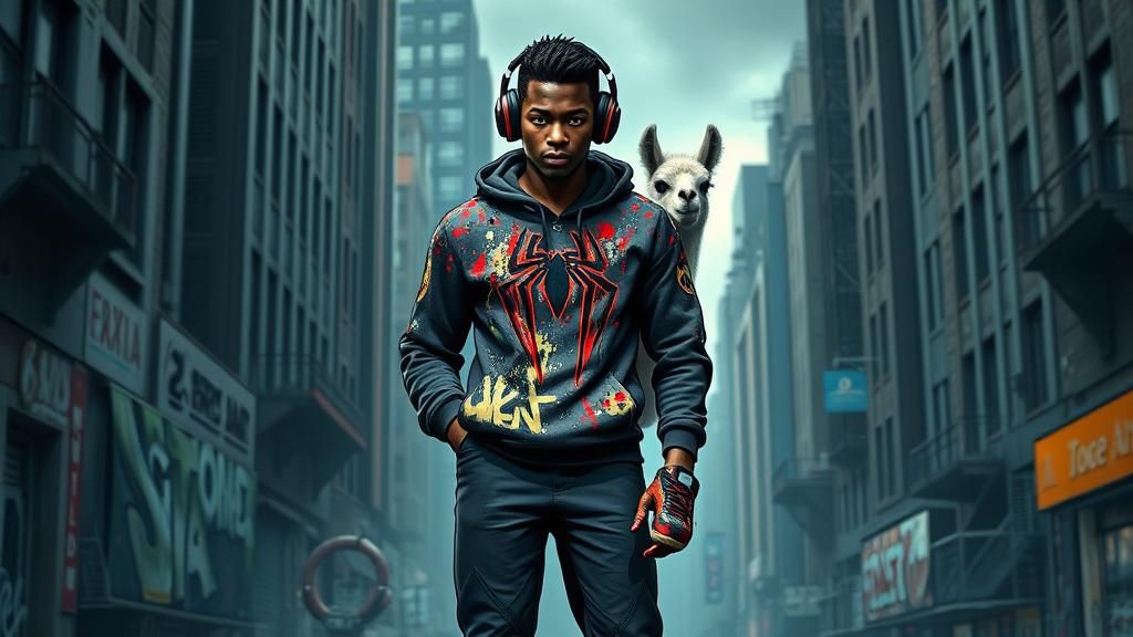 Miles Morales and Llama in Urban Comic Style