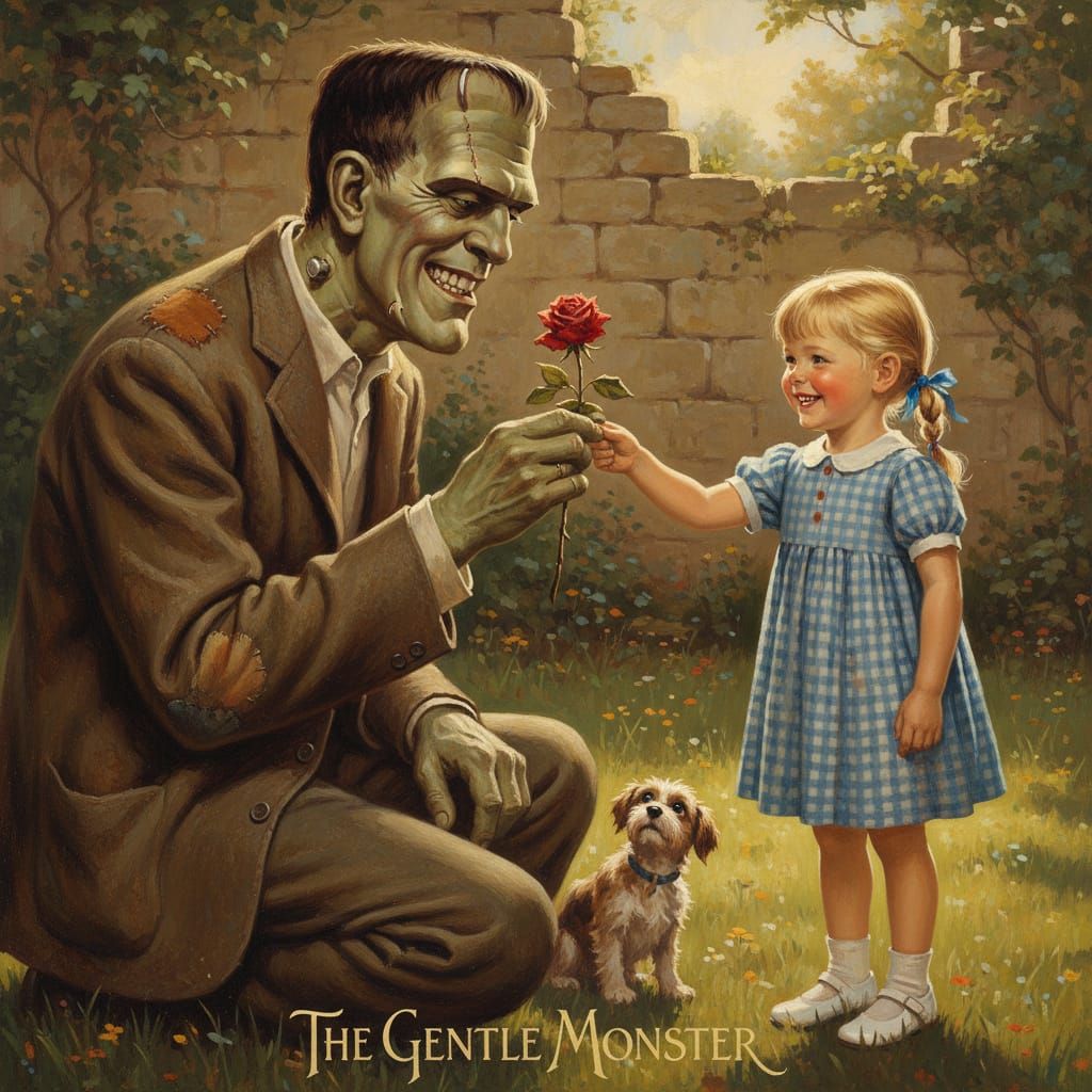 Frankenstein's Monster Offers Flower in Norman Rockwell Styl...