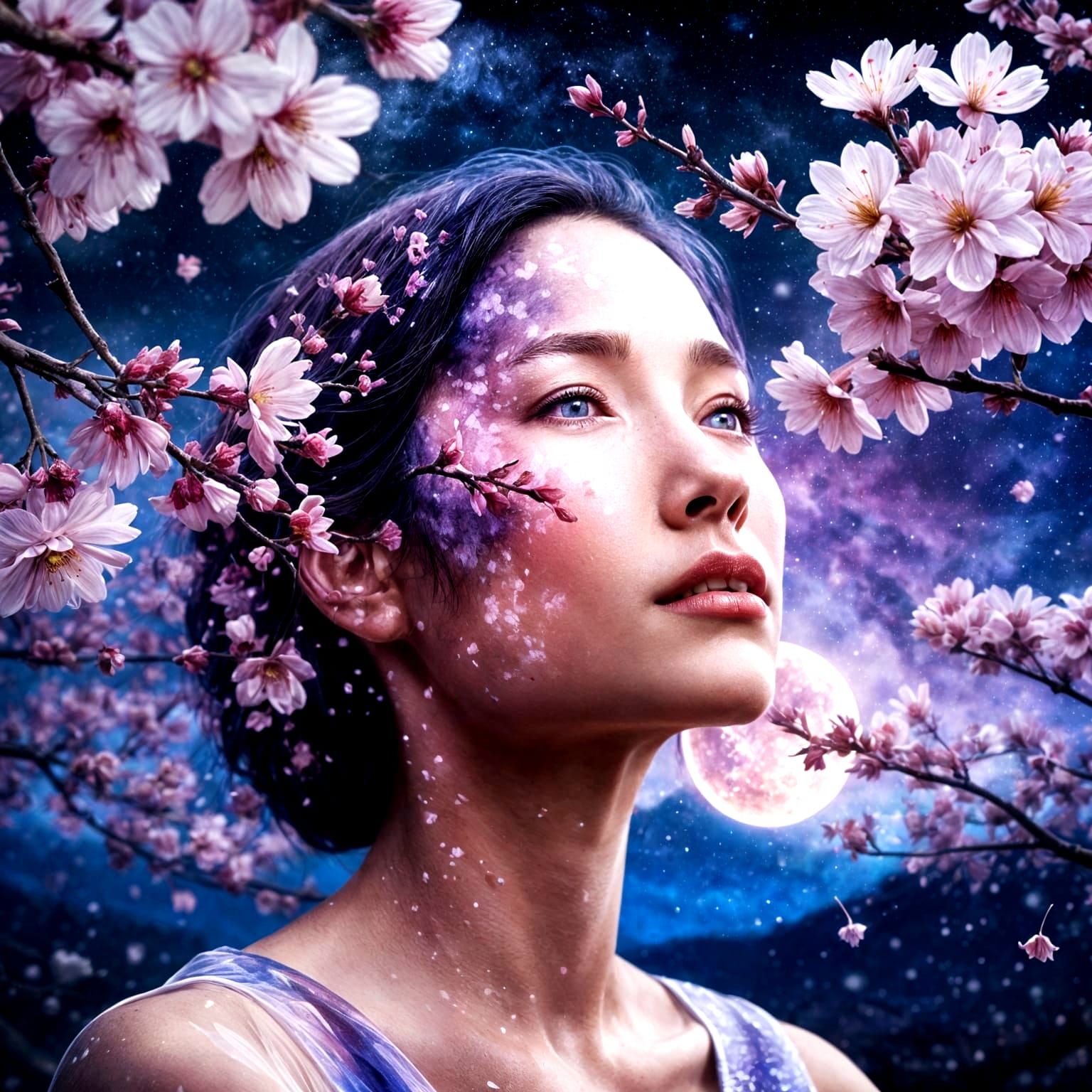 Surreal Woman and Cherry Tree: Detailed Digital Art