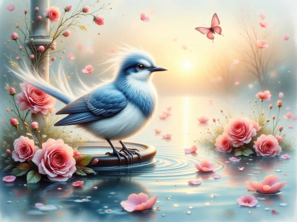 Enchanted Bird on Fountain in Watercolor Style