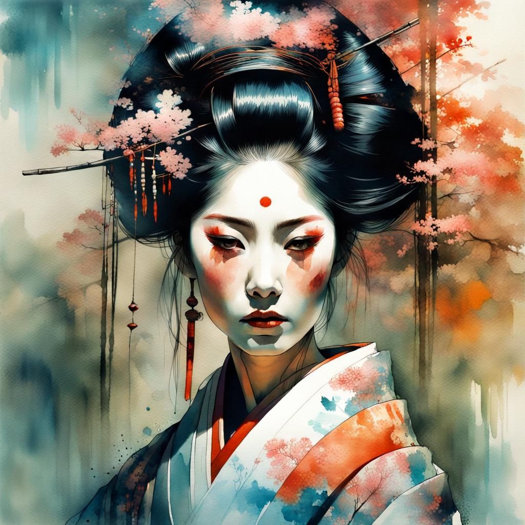 Geisha in Japanese Wonderland Watercolor Art