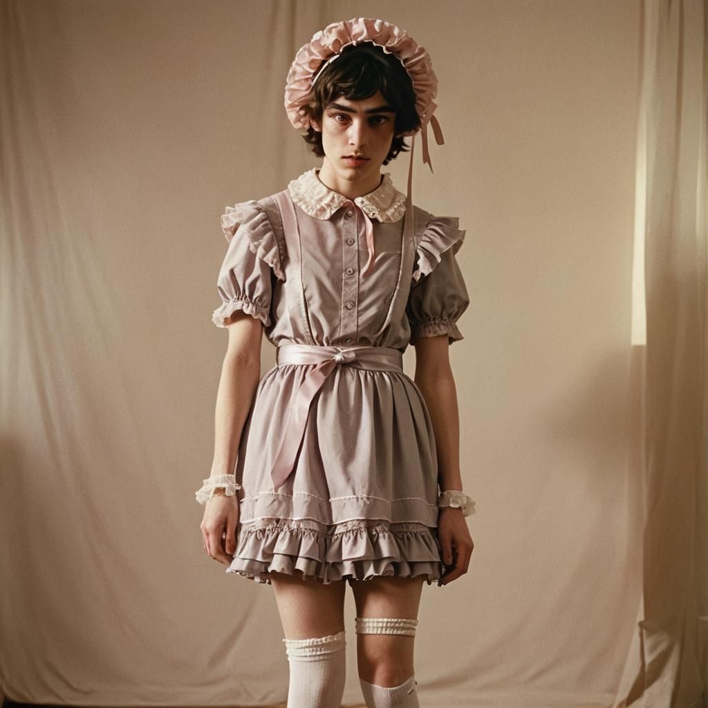 Boy Crossdressing in Frilly Dress: Cinematic Still