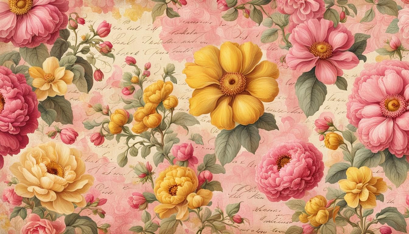 Vintage Floral Digital Paper in Pink and Yellow