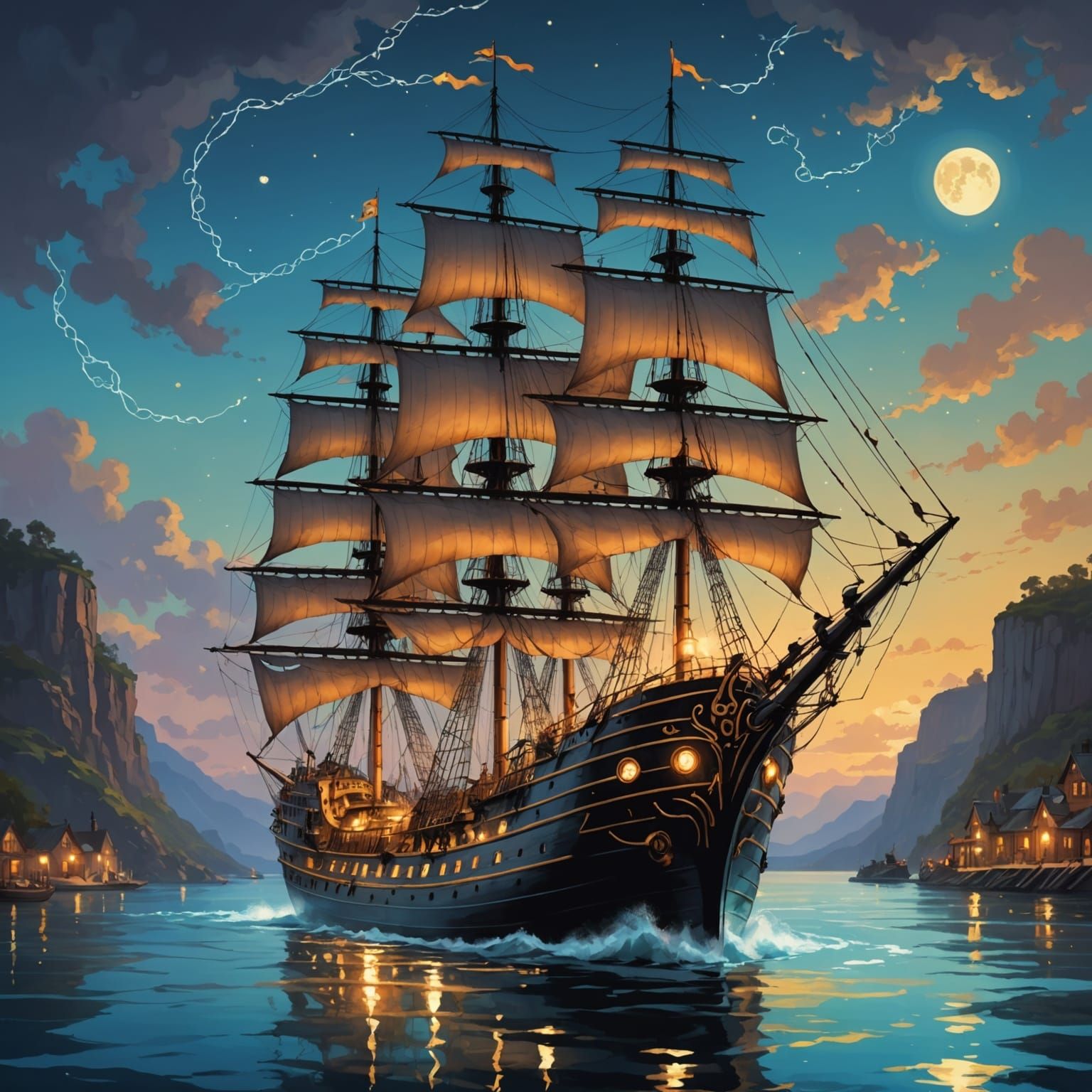 Steampunk Tall Ship Illuminated by Fairy Lights