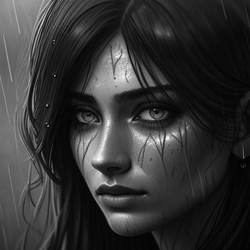 Dramatic Charcoal Portrait of Woman in Rain