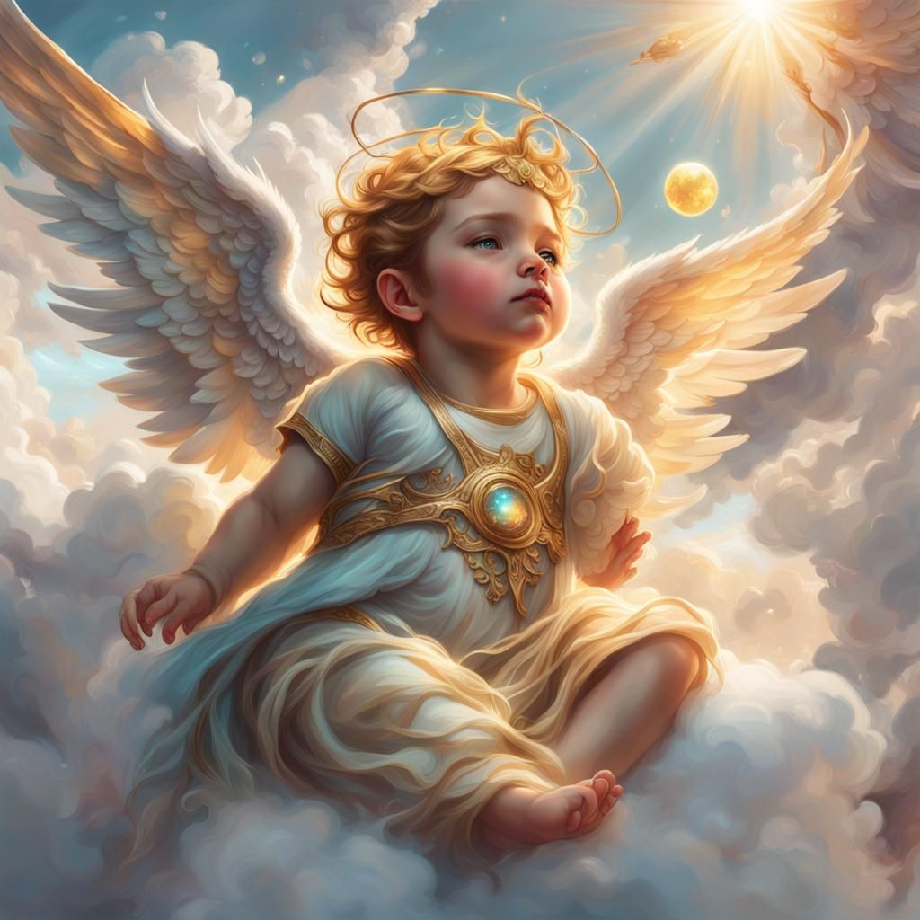 Infant Angel on Cloud: Digital Art Portrait