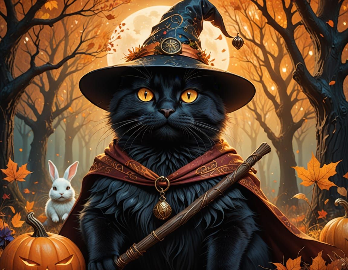 Enchanted Black Cat Witch Rides Broom with White Rabbit Fami...