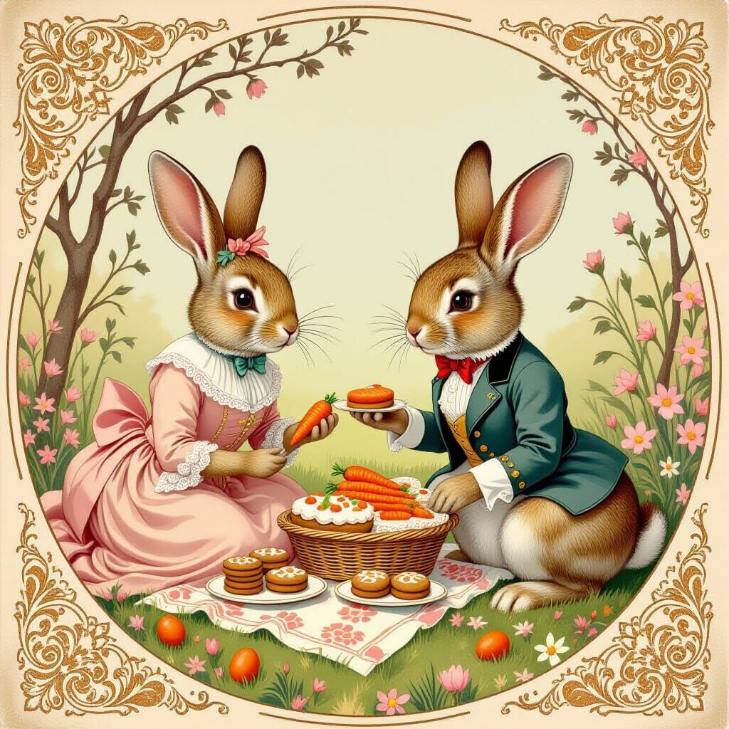 Art Nouveau Bunnies Enjoying a Vintage Easter Picnic