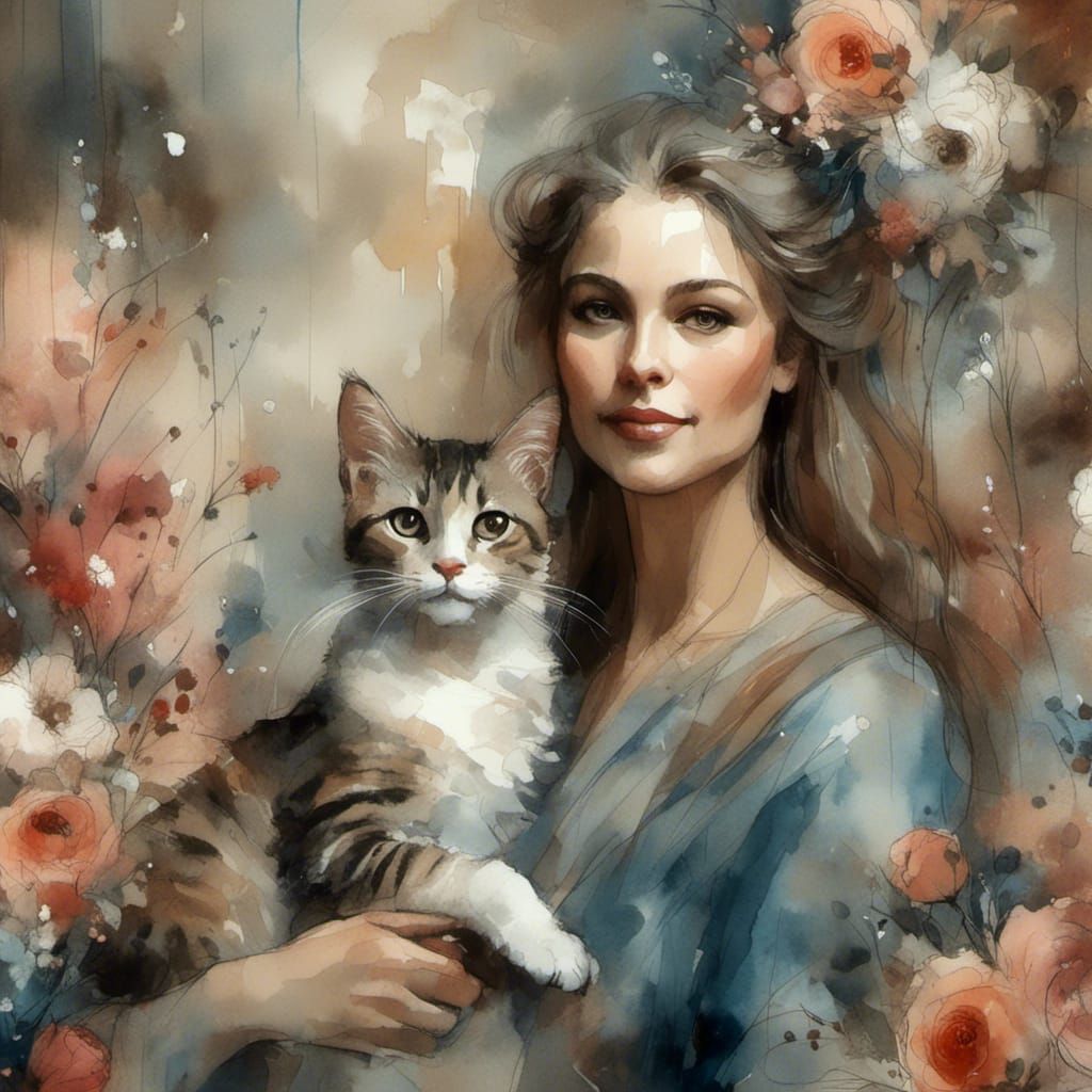 a woman and cat portrait with flowers, watercolour wet brush