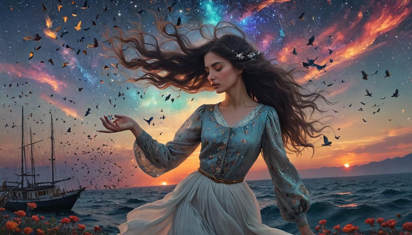 Woman Holding Galaxy: Dreamlike Digital Artwork