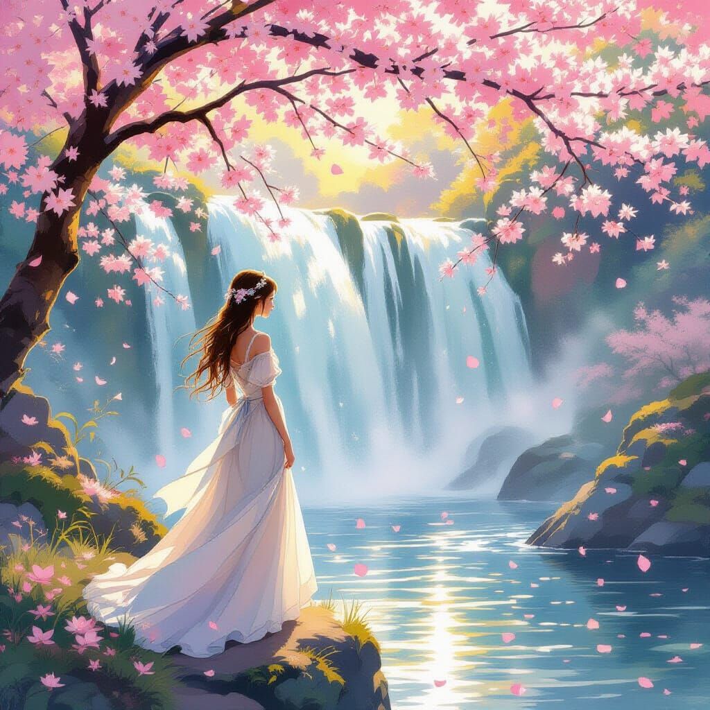 Ethereal Maiden by Waterfall in Golden Hour Light