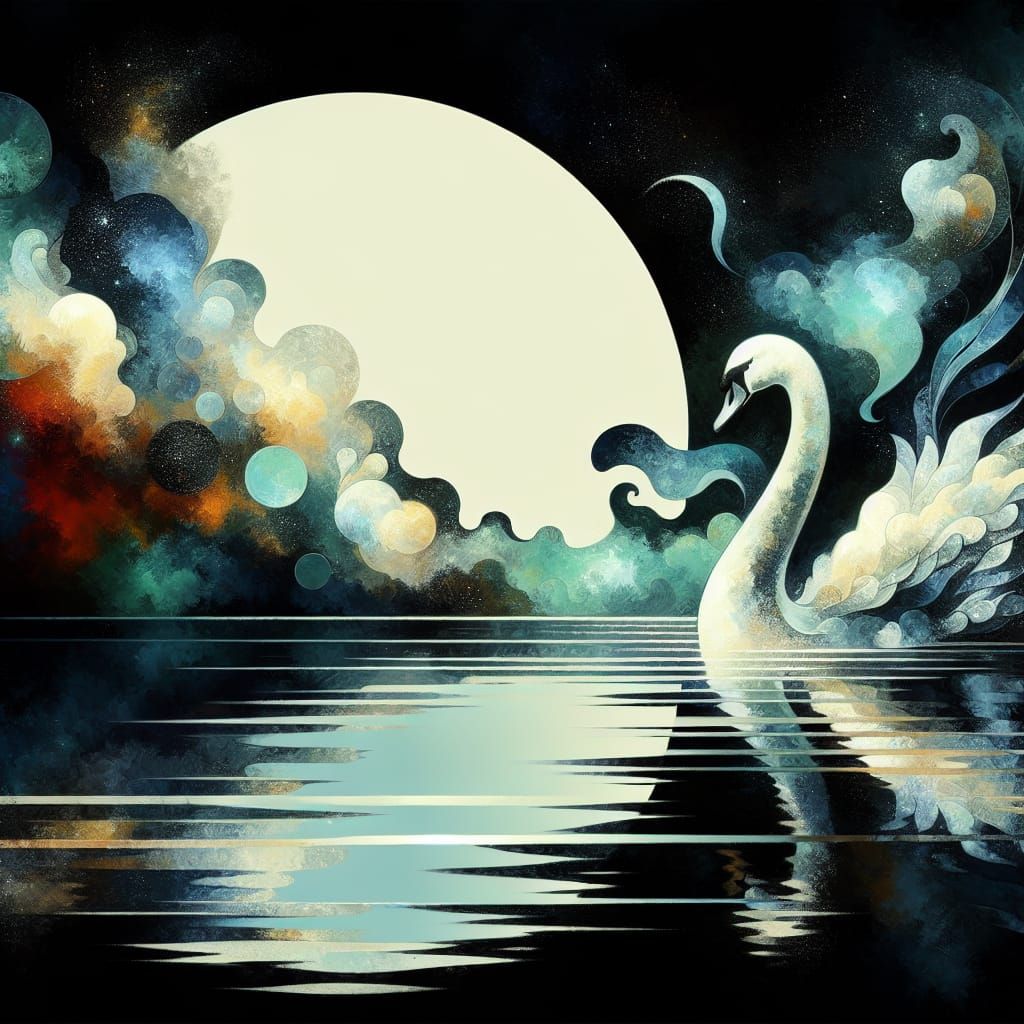Ethereal Art Deco Swan on Moonlit Lake