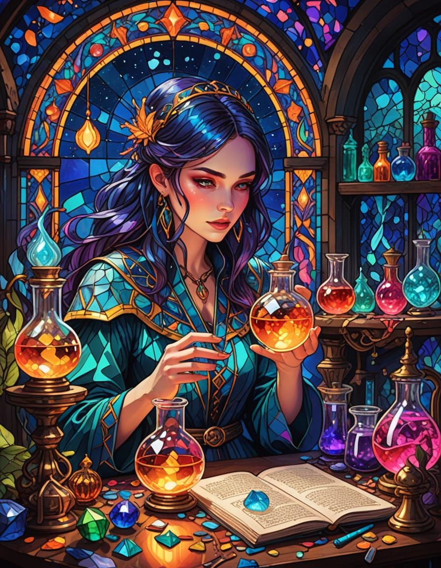 Sorceress Prepares Potions in Stained Glass Laboratory