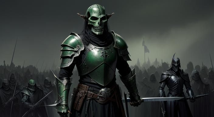 Dark Knight in Goblin Armor with Skull Shield