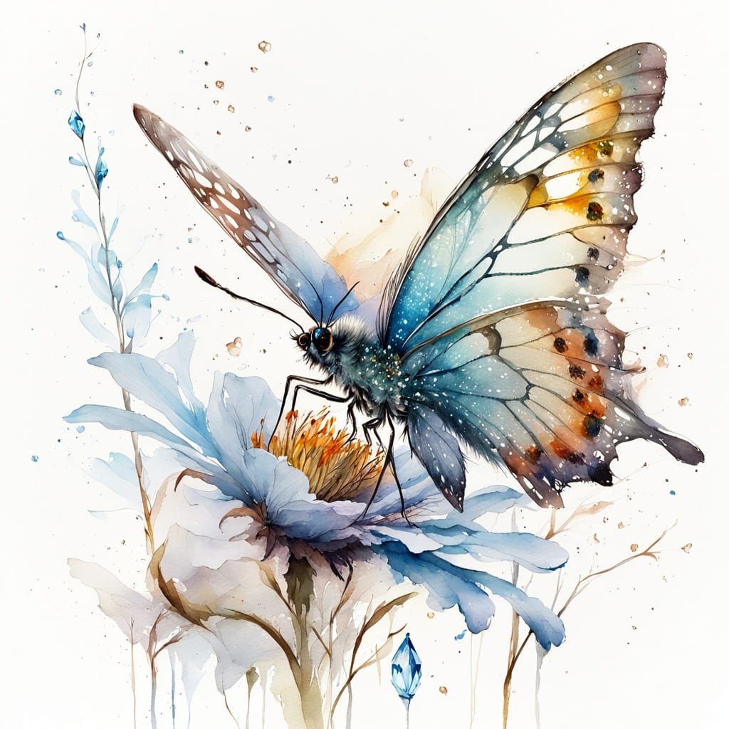 Pale Blue Flower Emerges, Watercolor Butterfly