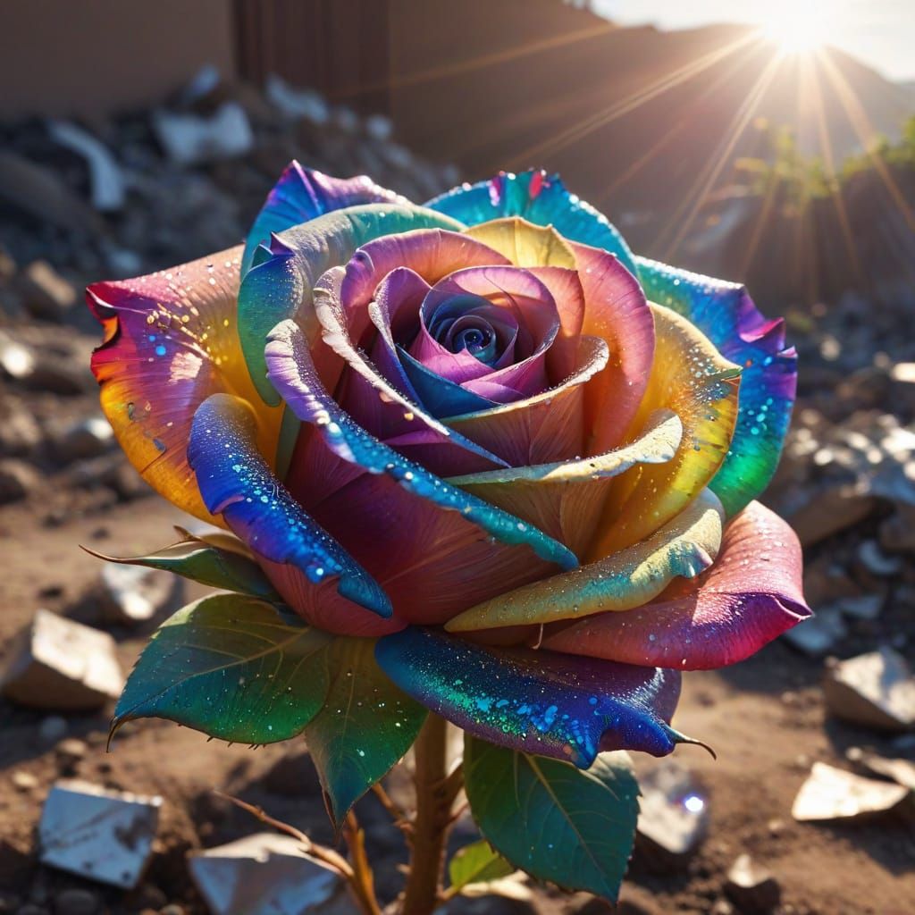 Rainbow Chrome Rose Shimmers Amidst Rubble