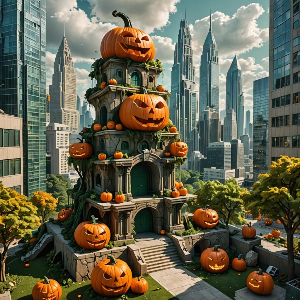 Surreal Urban Scene with Giant Jack-o'-Lanterns