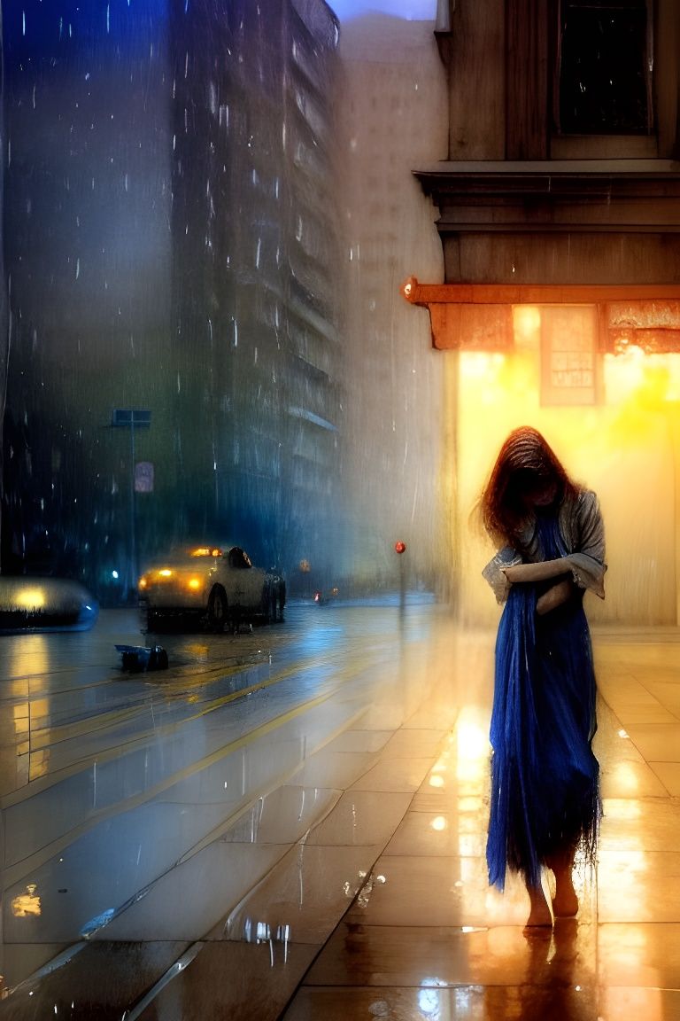 Goddess Sleeping in Rainy Street: Gouache and Watercolor