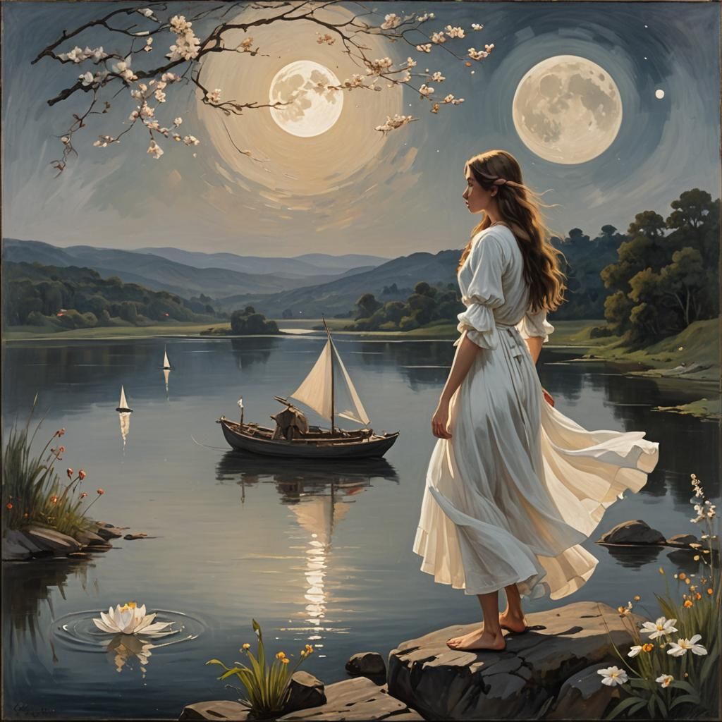Woman Watching Sailboat in Moonlit Fantasy Oil Painting