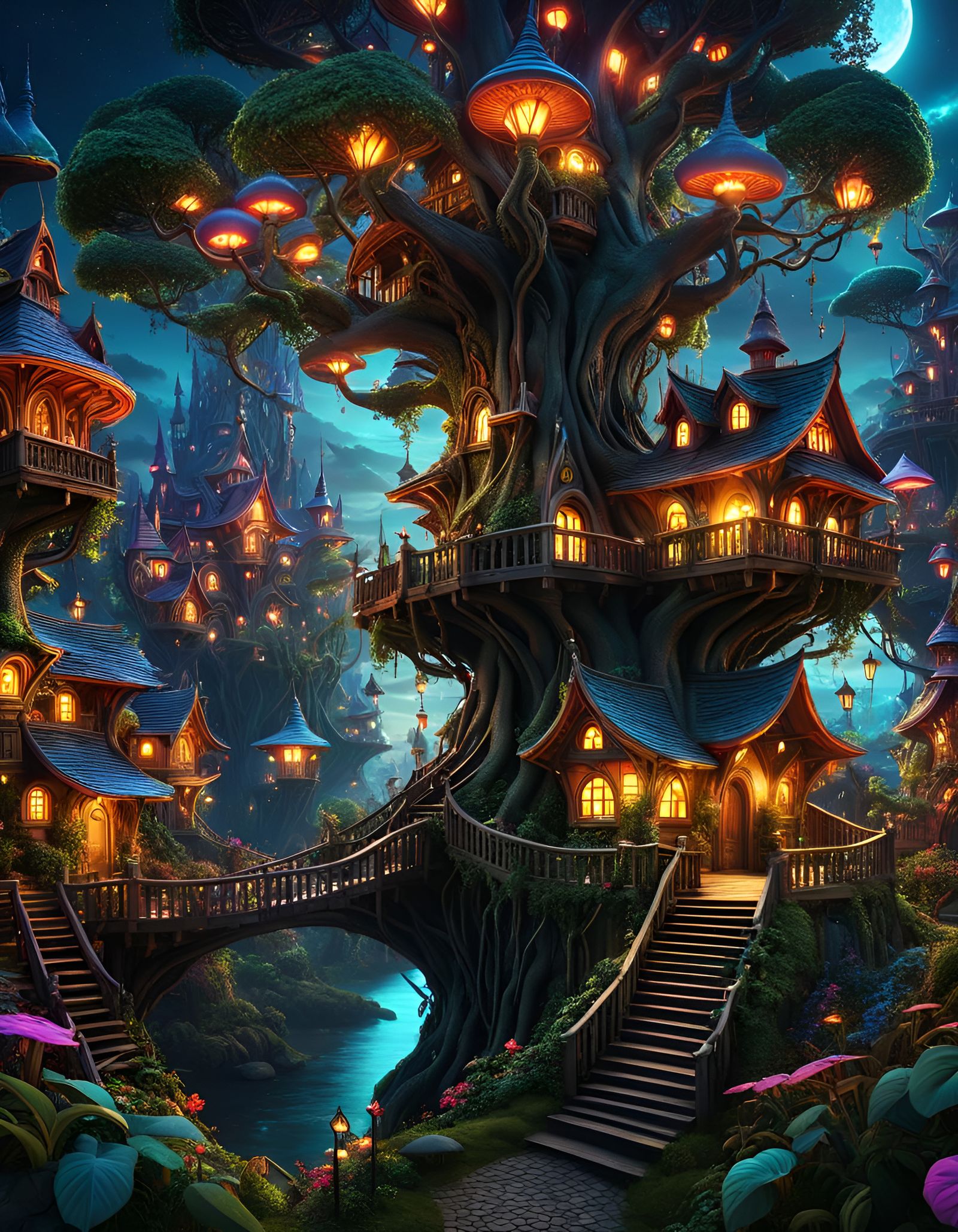 Goblincore Fairytale Tree Village with Glowing Lights