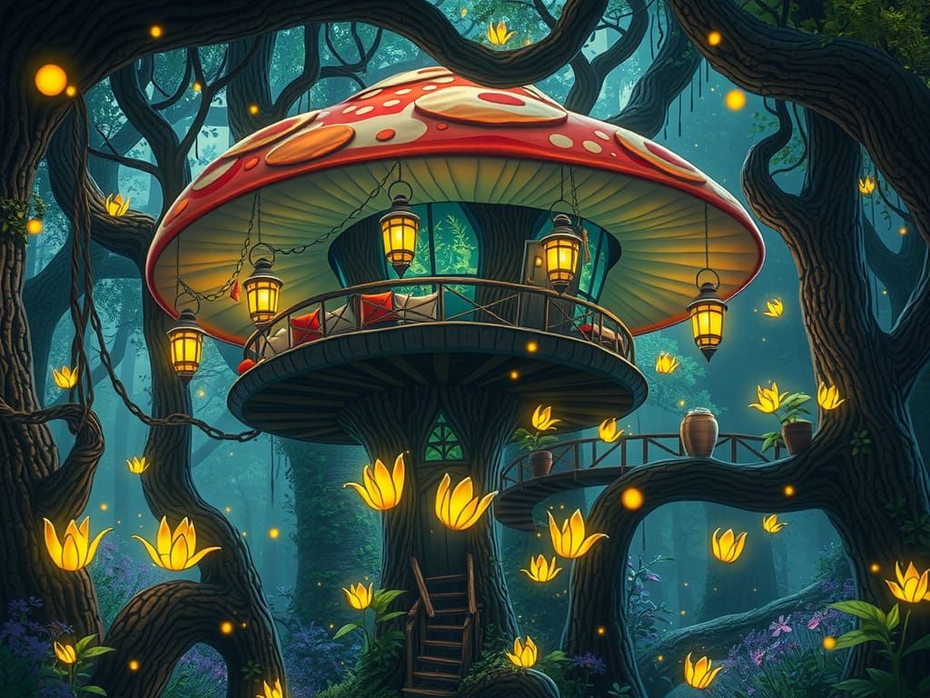 Whimsical Treehouse in an Enchanted Forest with Glowing Mush...