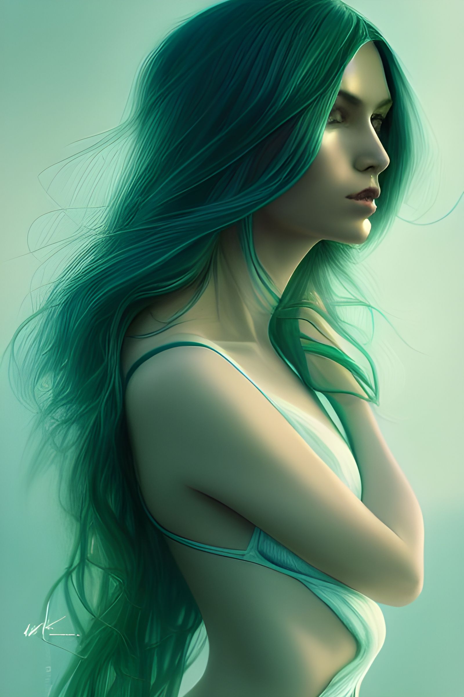 Green and Blue Woman: Cinematic Digital Art Portrait