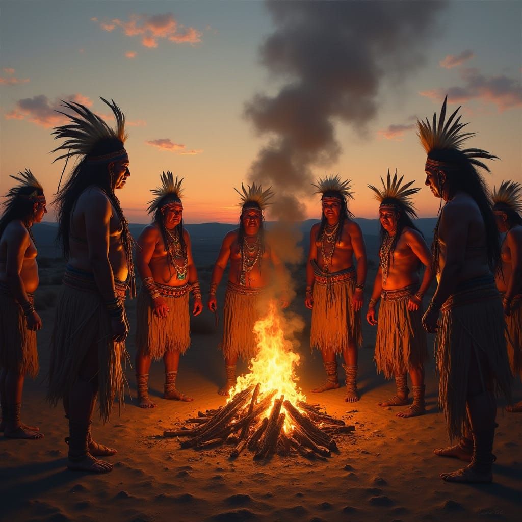 Indigenous Fire Ceremony at Dusk in Oil Painting Style