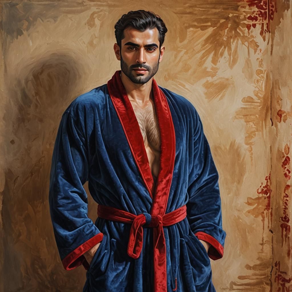 Hirsute Man in Velvet Bathrobe: Dark Fantasy Oil Painting