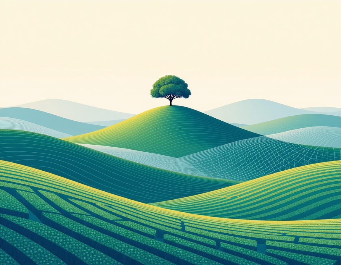 Pointillist Rolling Hills with Naive Tree and Grid Overlay