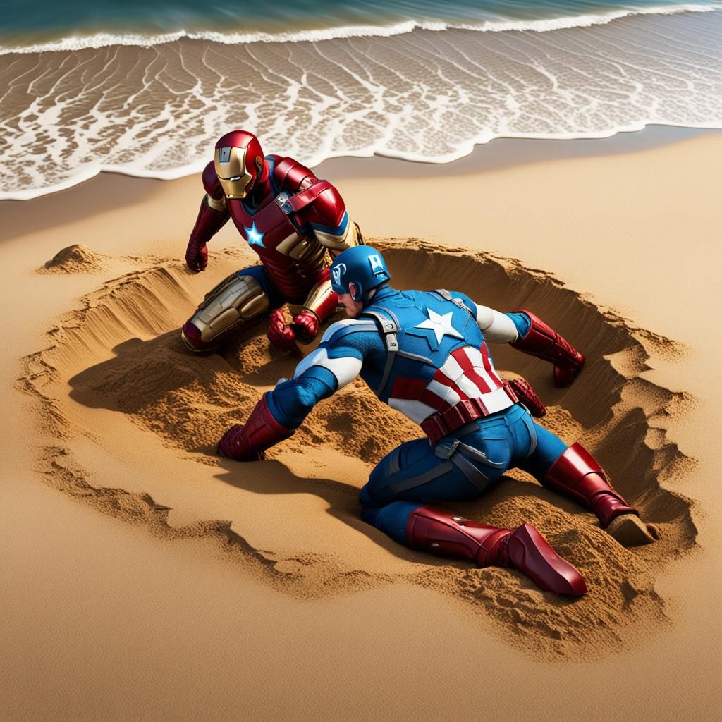 Captain America Buries Iron Man on Beach
