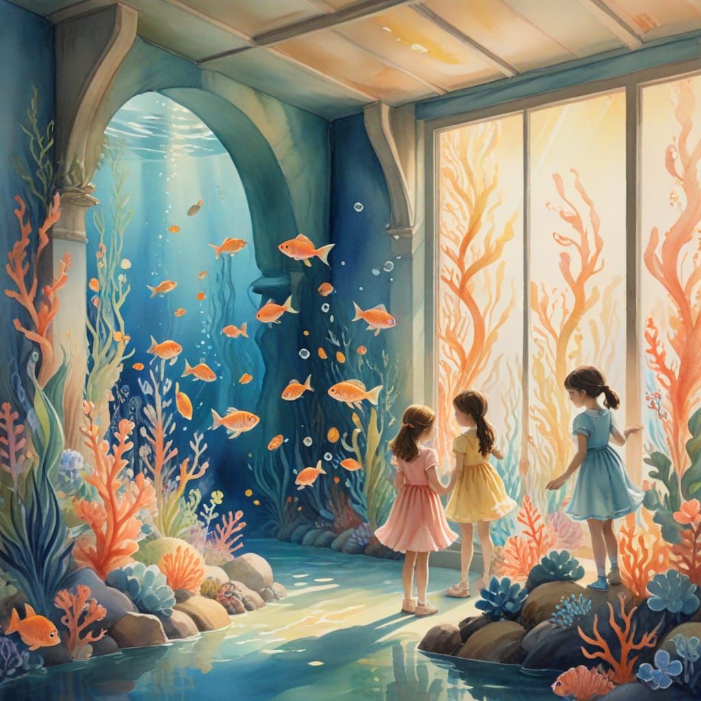 Underwater Classroom Scene in Watercolor Style