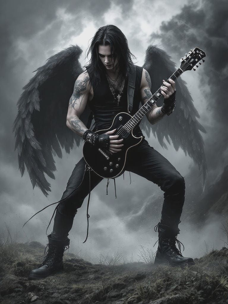 Gothic Angel Guitarist in Abstract Landscape