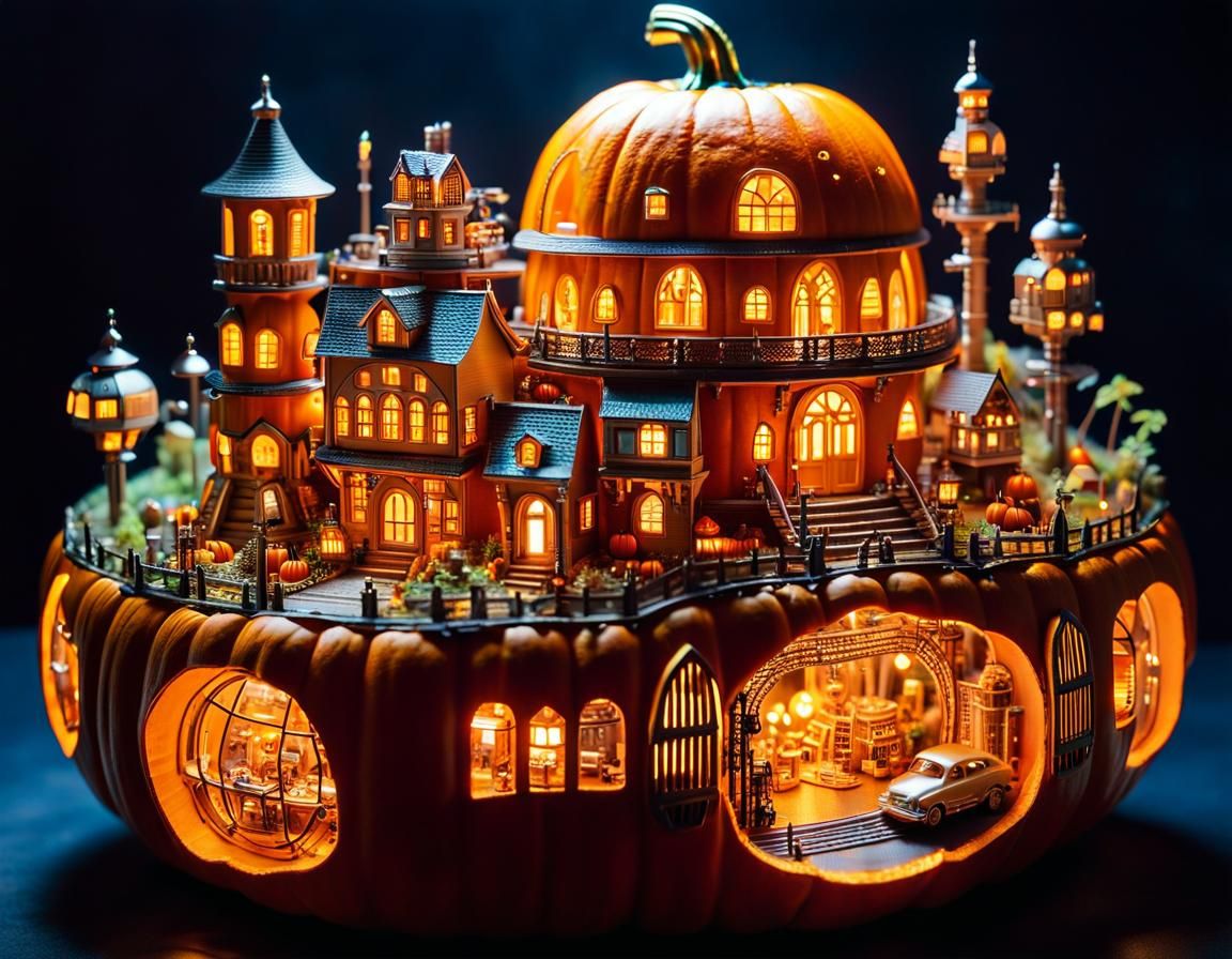 Teslapunk City Inside Pumpkin, Miyazaki-Inspired Architectur...