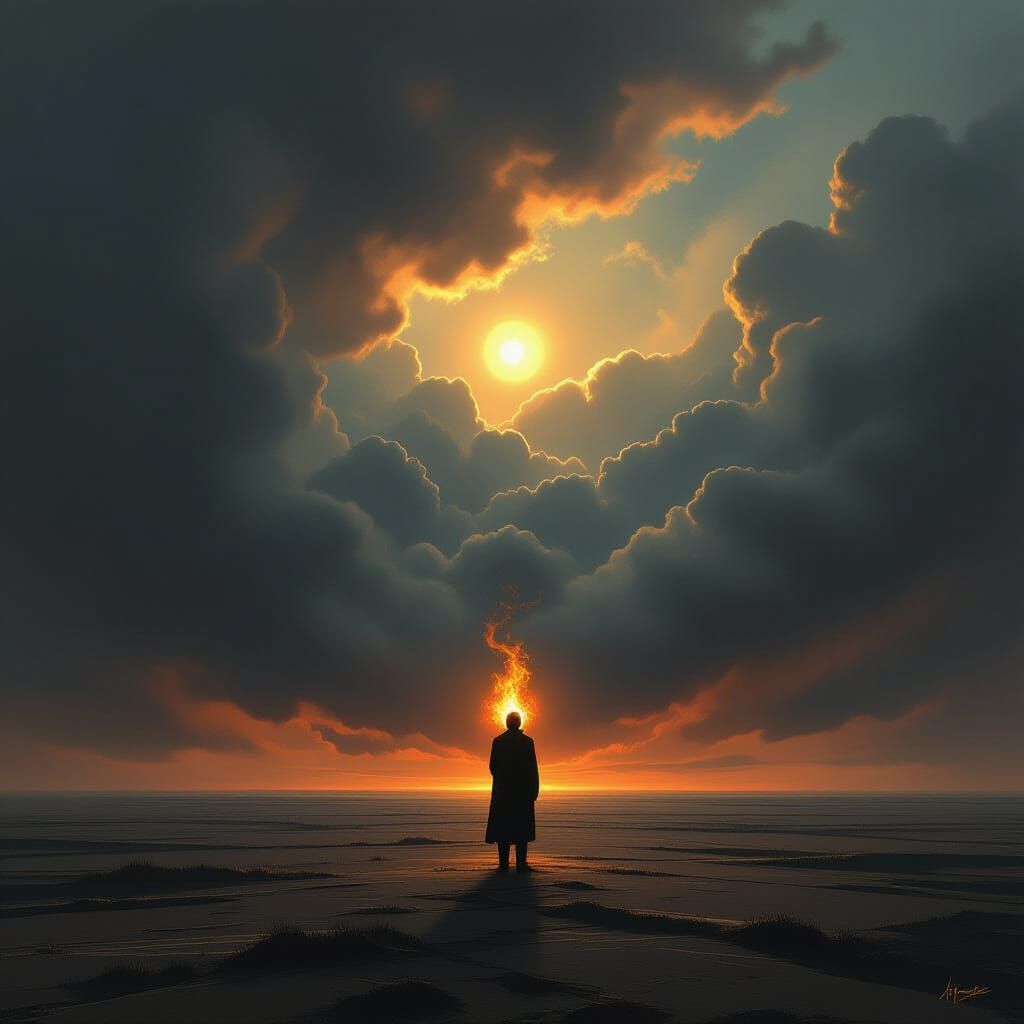 Figure Contemplates Ember on Windswept Plain in Chiaroscuro