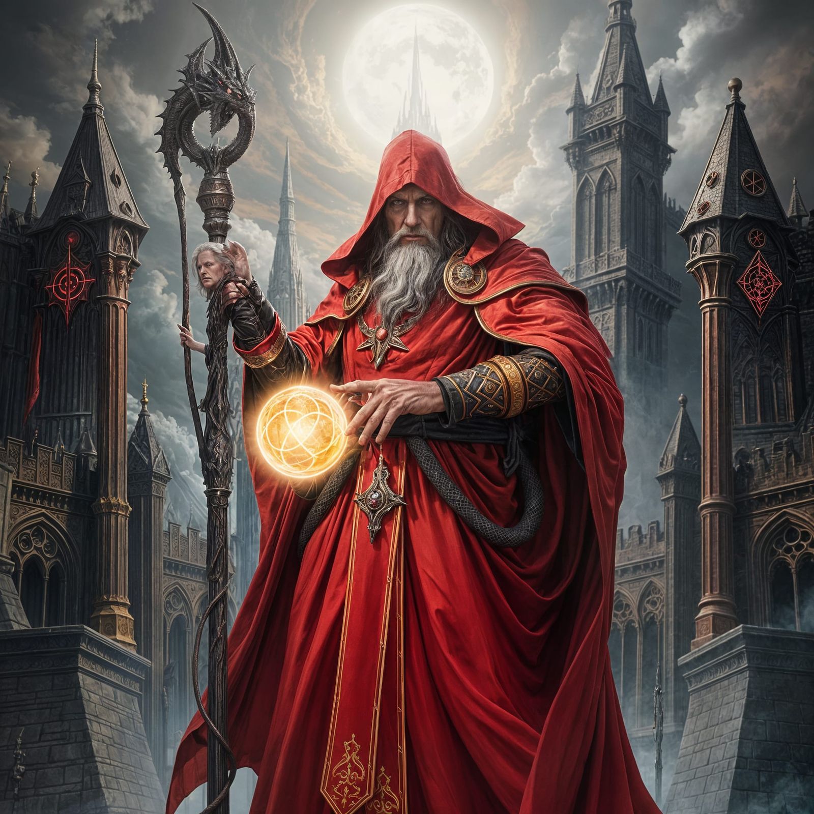 Majestic Archmage Raistlin in Dark Red Robes with Tower of S...