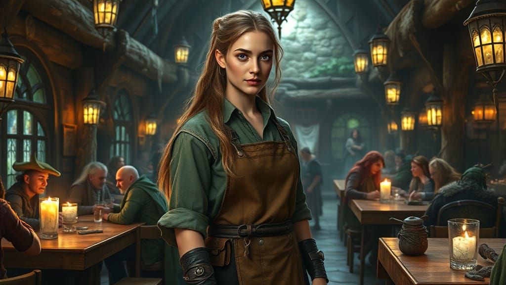 Bustling Tavern Scene with Innkeeper in High Fantasy Style