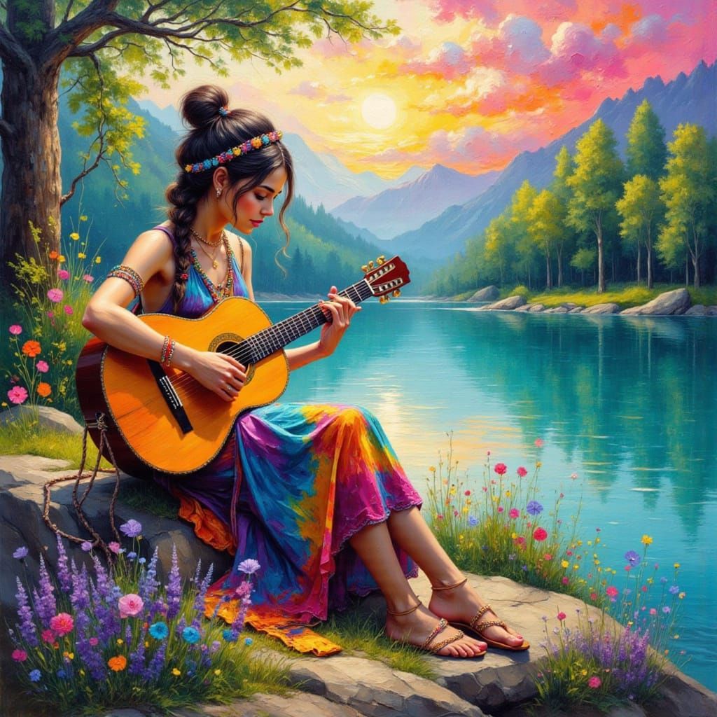 Strumming In Her Tie Dye Dress