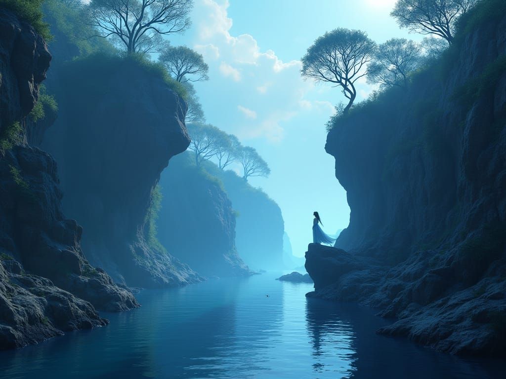 Woman on Cliff Overlooking Harbor in Ethereal Blue Glow