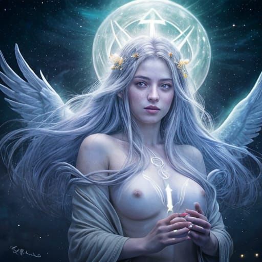 Celestial Goddess with Runes Floating in Space