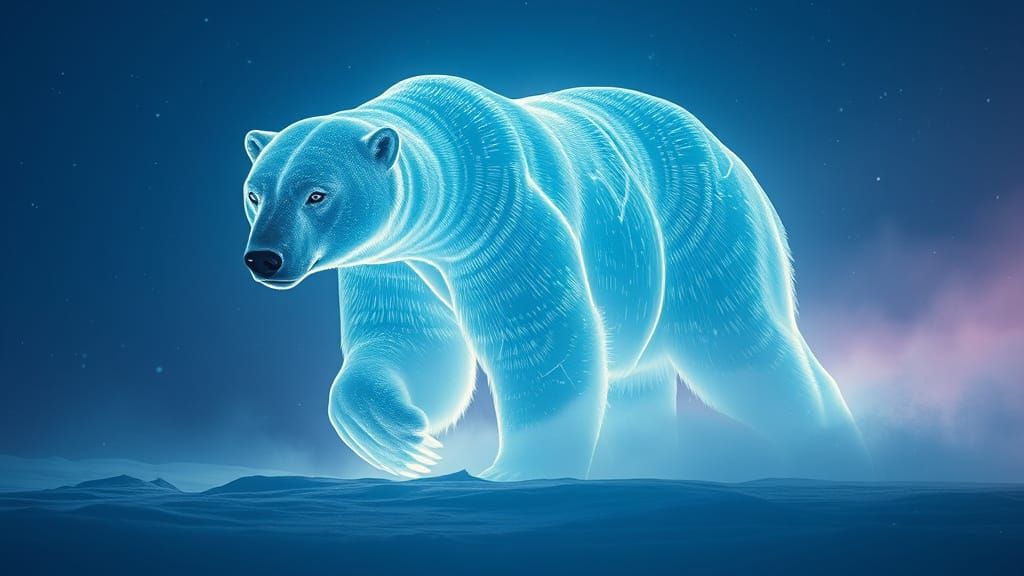 Glowing Polar Bear in Icy Blizzard, Surreal 8K Art