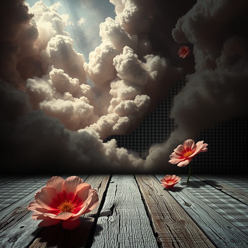 Surreal Gingham Landscape Blends Checkered Patterns with Whi...