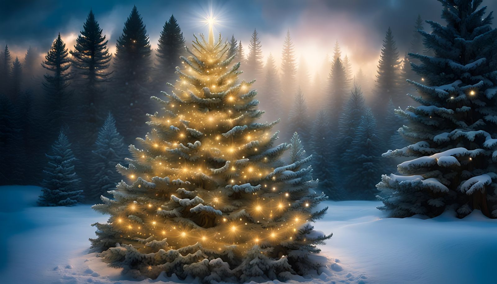 Sparkling Christmas Tree in Deep Forest at Night