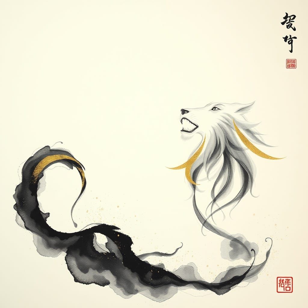 Ink and Gold Leaf Painting of a Laughing Man and Lion