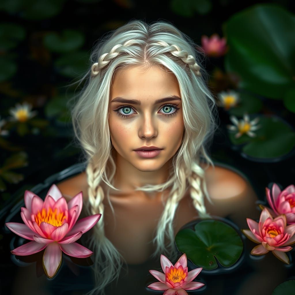 Glowing Young Woman Surrounded by Water Lilies
